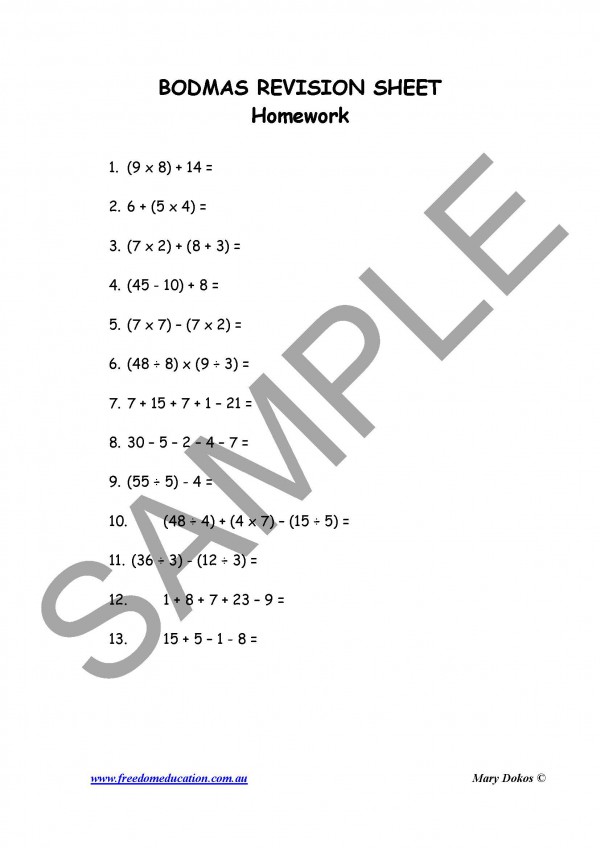 bodmas grade 5 worksheet with answers
